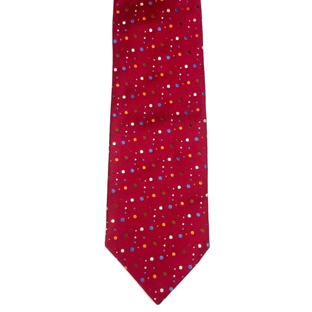 Alfred Dunhill Red Woven Hand Made Multicolor Dots All Silk Necktie Italy $245